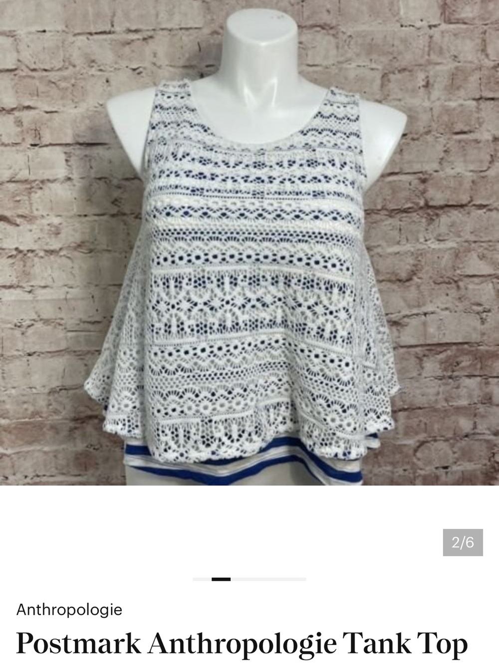 Anthropologie White Crochet Tank with Blue striped underlay